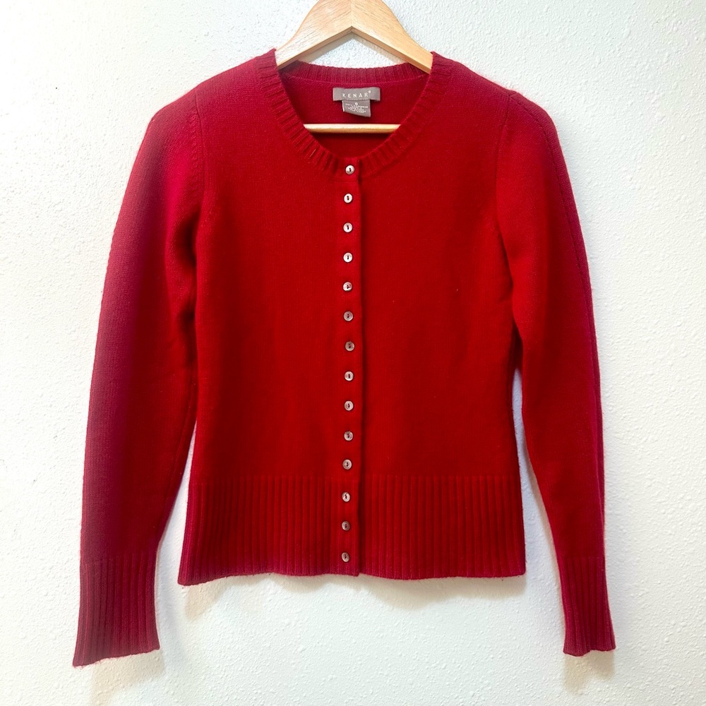 100% Cashmere Vibrant Cherry Red Button Cardigan Scoop Neck Pointelle Sweater